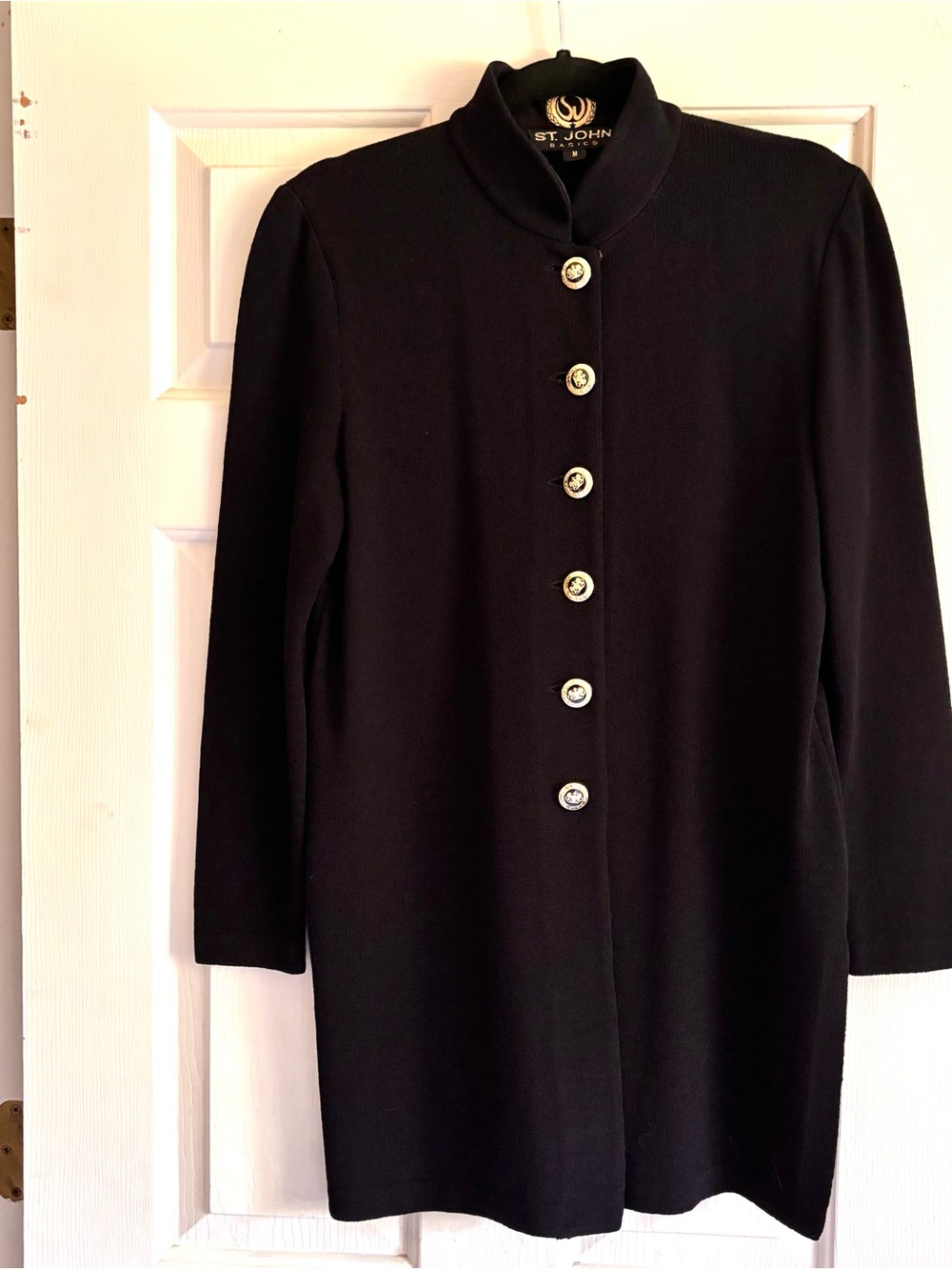 M St. John Classics Black Knit Jacket, Gold Buttons, Stand-up Collar - flawed